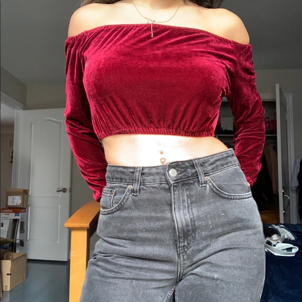 Velvet burgundy off the shoulder crop top